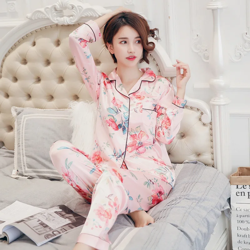 Satin Silk Pajamas for Women's Set pyjama Autumn Spring Long Sleeve Women Nightwear Set Cardigan Plus Size Sleepwear Pijama 2Pcs