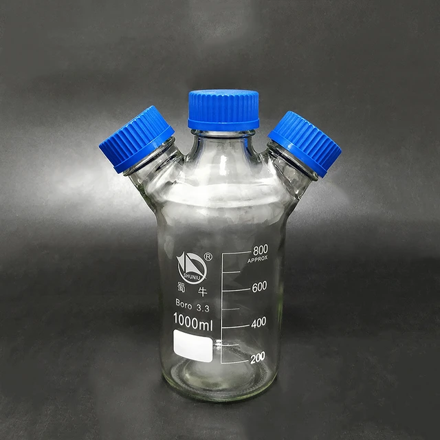 Bouteille de réactif avec 3 couvercles de vis bleus, verre Borosilicate 3.3,  capacité de 1000ml, flacons d'échantillon de Graduation, couvercle en  plastique avec 3 cols - AliExpress