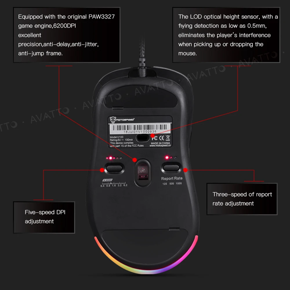 Motospeed V100 Профессиональный Марко определяемый 6200 DPI RGB Оптическая Проводная