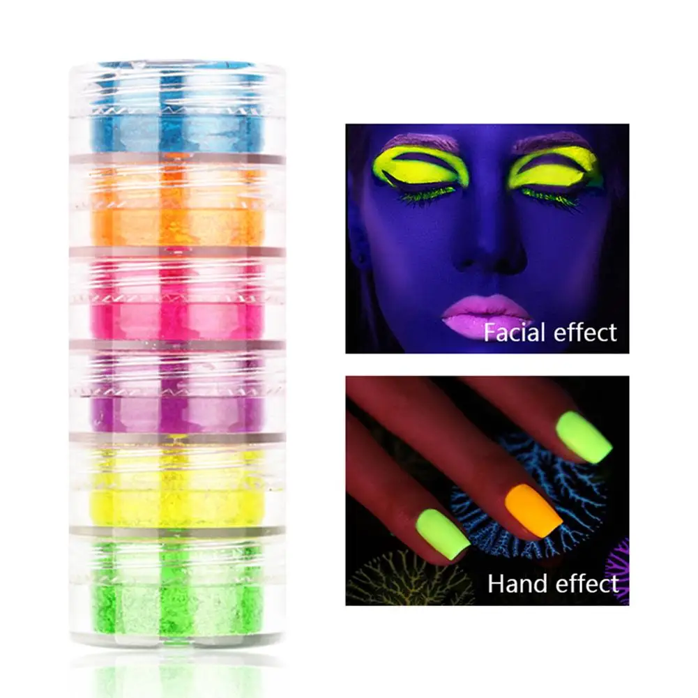 6 Color Neon Phosphor Pigment Powder Set Fluorescent Nail Glitter Eye Powder Manicure Decoration Nail Art Dust Pigment Paillette