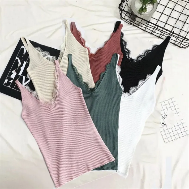 

2019 Women Autumn New Hook Flower Lace Knitted Vest Solid Stitching V-Neck Camis Tank Tops Female Slim Camisole