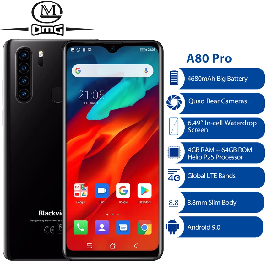 Blackview A80 Pro Quad камера заднего вида, 4 Гб+ 64 ГБ, Android 9,0, четыре ядра, мобильный телефон, 6,49 дюймов, 4G, мобильный смартфон, глобальная версия