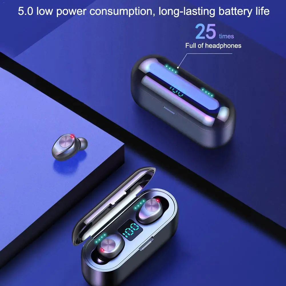 

Mini Earphone F9 Bluetooth 5.0 TWS Wireless Headphone Stereo Charging Bin Sport Headset 2000mAh