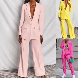 Duas peças conjunto blazer de negócios feminino senhora do escritório cores sólidas ternos formais com botões novo rosa amarelo comutar blazer calças conjunto