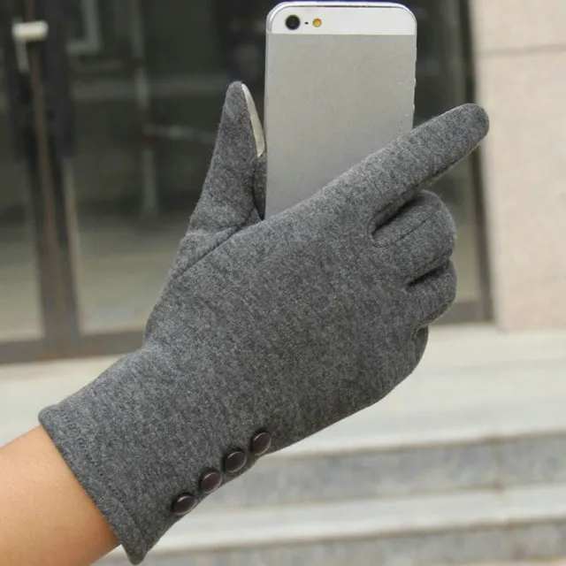 Новые зимние женские кружевные перчатки, теплые кашемировые варежки с тремя ребрами и кнопками, двойные толстые плюшевые Наручные сенсорный экран для женщин, перчатки для вождения