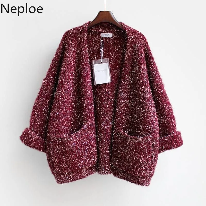 

Neploe Bright Silk Knitwear Open Stitch Loose Sweater Cardigan Fall/winter New Women Korean Clothes Sparkling Knitted Coat 55060