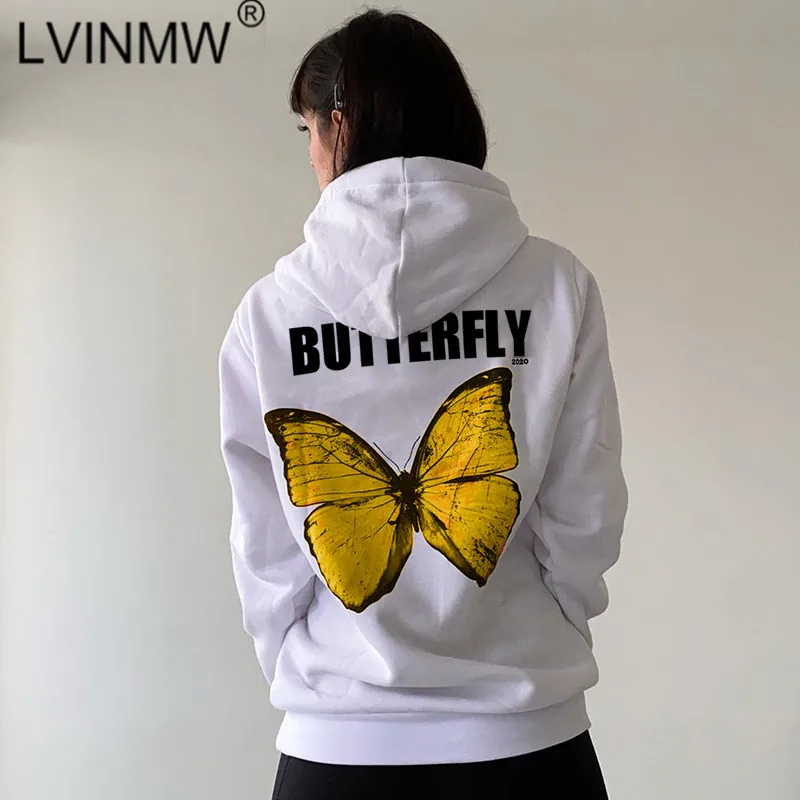 LVINMW Casual Hooded Drawstring Long Sleeve Pockets Letter Butterfly Print Top Woman Hoodies Loose Daily Tops Streetwear | Женская