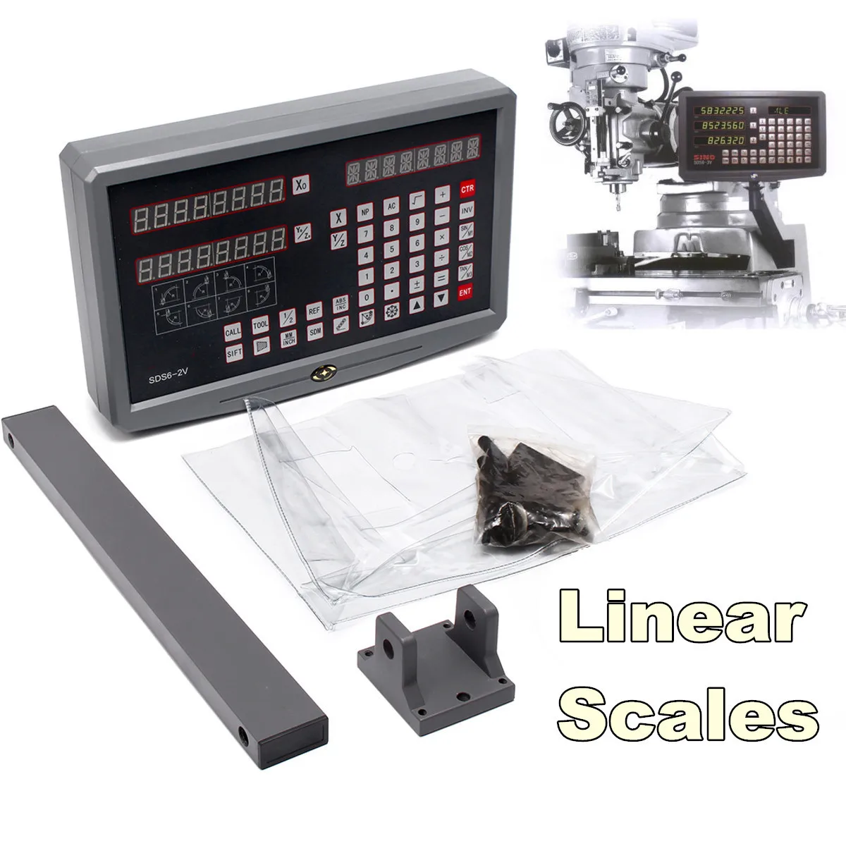 

2Axis Dro Digital Readout Milling Lathe Machines Tool Complete Dro Kit Digital Readout Display With 2PCS SDS6-2V 5U Linear Scale