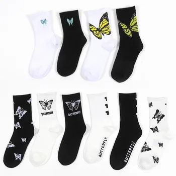 

New Butterfly Socks Women Funny Happy Skateboard Socks Harajuku Printed Socks Female Fashion Cotton Socks Black White Calcetines