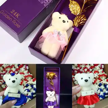 

Valentine's Day Created Gift 24K Foil Plated Rose Purple Gold Rose with Teddy Bear Lasts Forever Love Wedding Decor Lover Rose