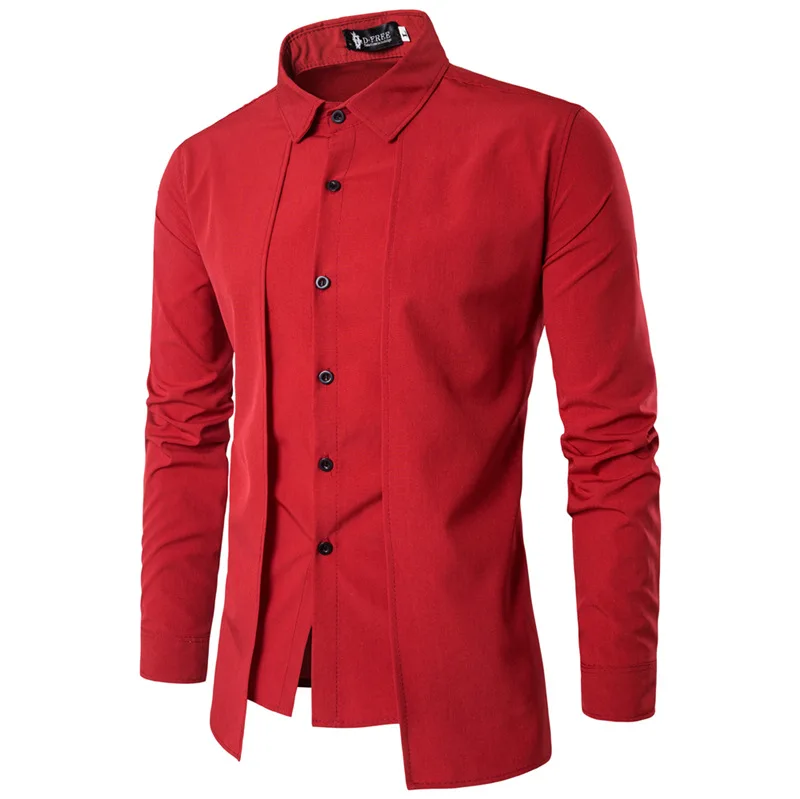Мужские рубашки, повседневные, поддельные, из двух частей, брендовые, деловые, нарядные рубашки, Осенние, одноцветные, хлопок, официальная одежда, с длинным рукавом, топ-блузка - Цвет: Wine red
