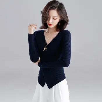 

Sweater 2019 Autumn Women Fashion Casual Cross V-Neck Sweaters Solid Color Winter Basic Top Wild Long Sleeve Sweat Shirts AA4997