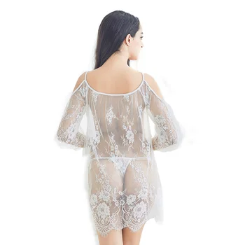 

2020 New Women's Sexy Lace Pajamas Set with Ruffled Perspective Pattern Off-Shoulder Long Sleeve Summer Pajamas Casual Home Wear