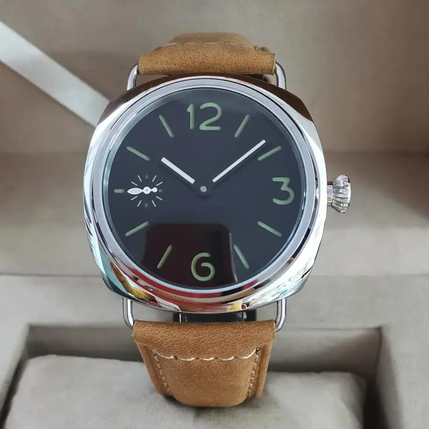 

No logo 45mm stainless steel Manual mechanical men's Watch sapphire Sandwich double deck watch dial Seagull ST3600-2 movement