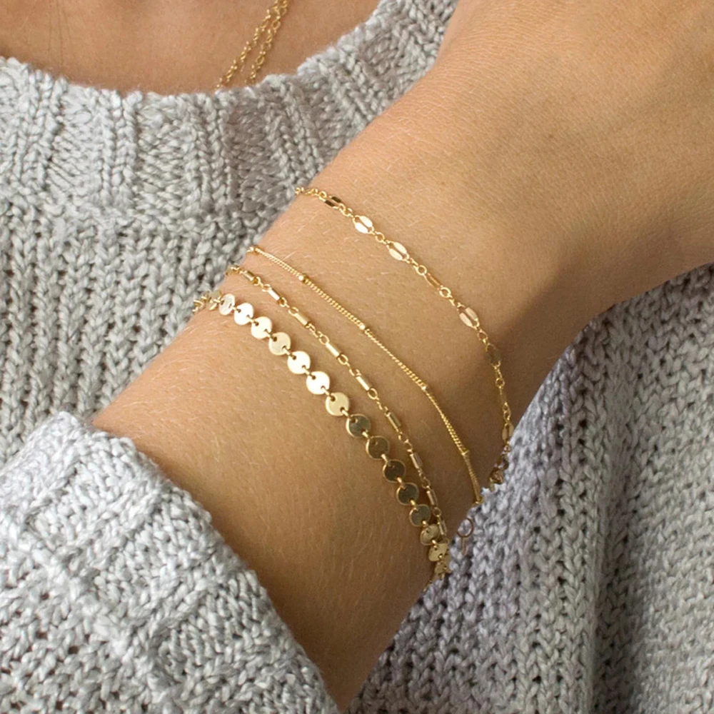 SUMENG New Arrival 4 Pcs/Set BOHO Multilayer Bangles Gold Silver Color Tube Lace Satellite Chain Bracelets For Women Jewelry