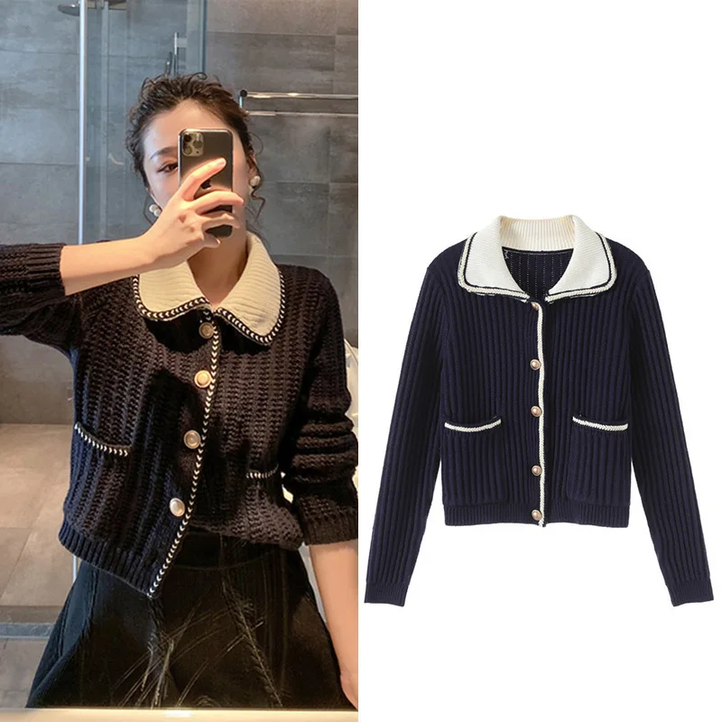 

New Under production small fragrant Vintage sweater coat short knitted cardigan pocket Navy top sa1047