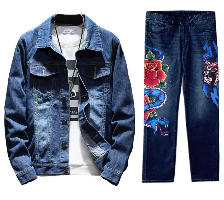 Мужская Ретро разрушенная куртка джинсовая куртка, верхняя одежда брюки набор Сердце Пальто Синий 2 шт