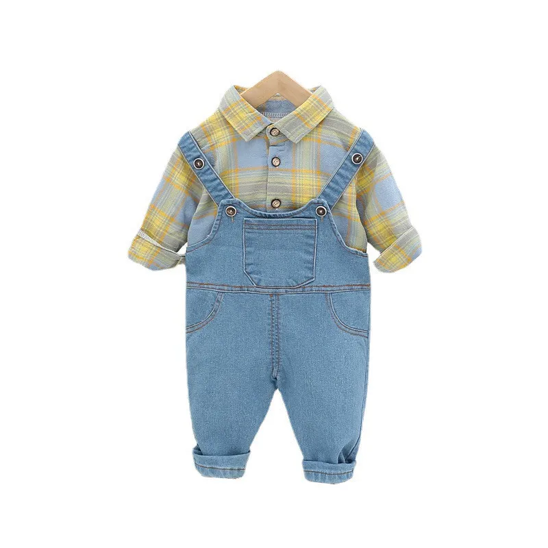 Spring Children Fashion Clothes Baby Boys Girls Plaid Shirt Pants 2Pcs