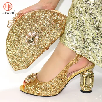 

African Lady Shoes Matching A bag Golden High Heels Wedding Shoes New Arrival Italian Women Party Shoes And Bag Set Good Quality