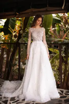 

abiti da sposa платье New Arrival Long Wedding Dress Boat Neck Long Sleeves Beading Lace Tulle Bridal Dresses Vestido longo Robe