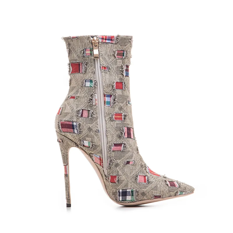 KATELVADI Fashion Ankle Boots High Heels 5Inches Denim Boots Ladies Zip Autumn Winter Ladies Boots Shoes Dropshipping K-564