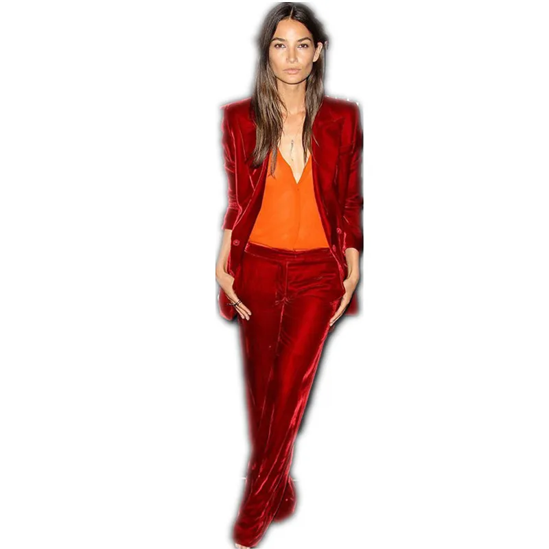 ladies red velvet trouser suit
