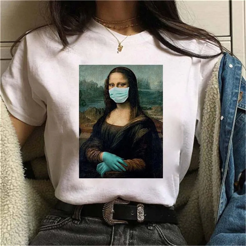 Female Mask Graphic t-Shirt 90s-Tshirt Funny Mona Lisa Vintage Korean Women Top-Tees