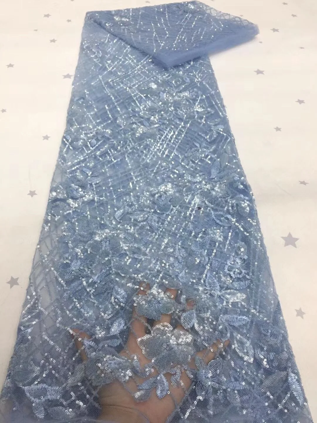 African Lace Fabric 2021 High Quality Sequins French Sewing sky blue Nigerian Fabrics For Wedding Dress | Дом и сад