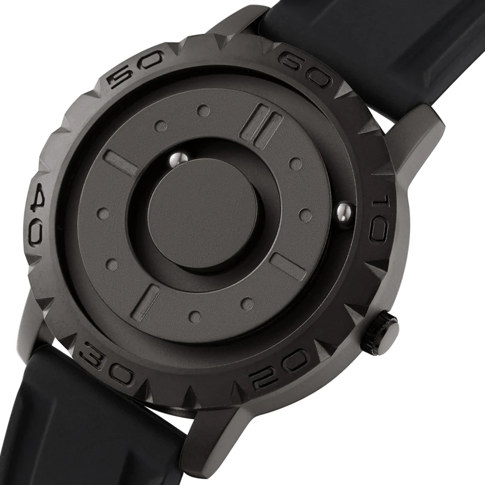 Creative Men Watch Eutour Full Black Sliver Dial Magnetic Magnet Beads Metal Ball Circle Multinational Watches Rubber Male Clock