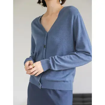 

Women's Cotton Slim Bottoming Shirt Solid Color V-Neck Long Sleeve Sweater Cardigan gray