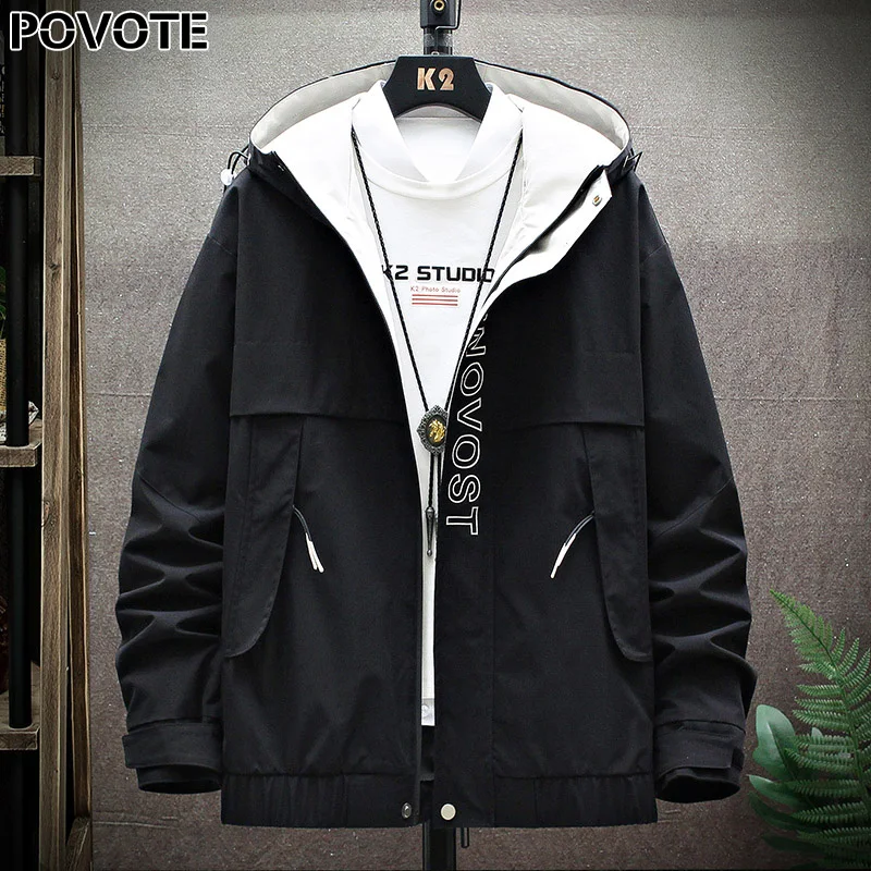 

POVOTE brand men's color blocking Hooded Jacket Coat hip hop jacket Korean Trend tooling jacket men's trend design