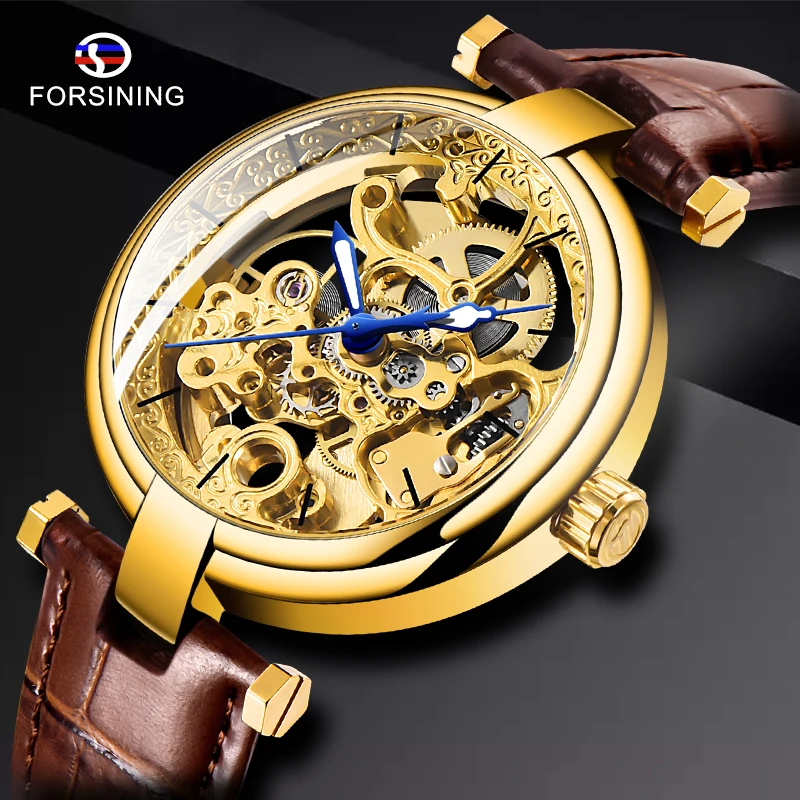 

Forsining Golden Watches Fashion Blue Hands Mens Automatic Self-wind Watches Top Brand Brown Leather Luminous Hands Clock