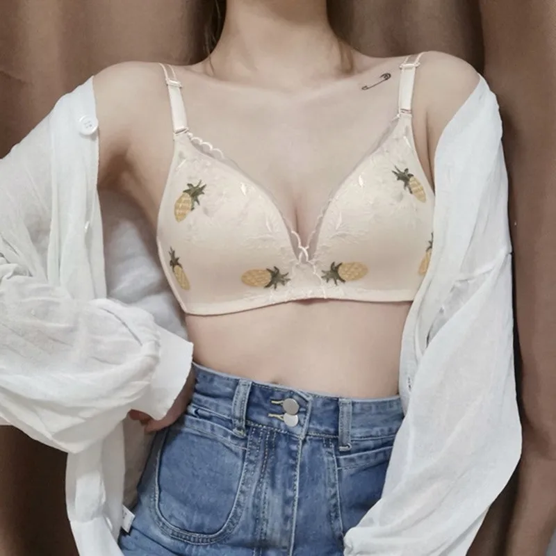 Регулируемый бюстгальтер без оправы, тонкий срез, пуш-ап, собранная вышивка, фруктовый узор, удобное нижнее белье, Комплект трусов