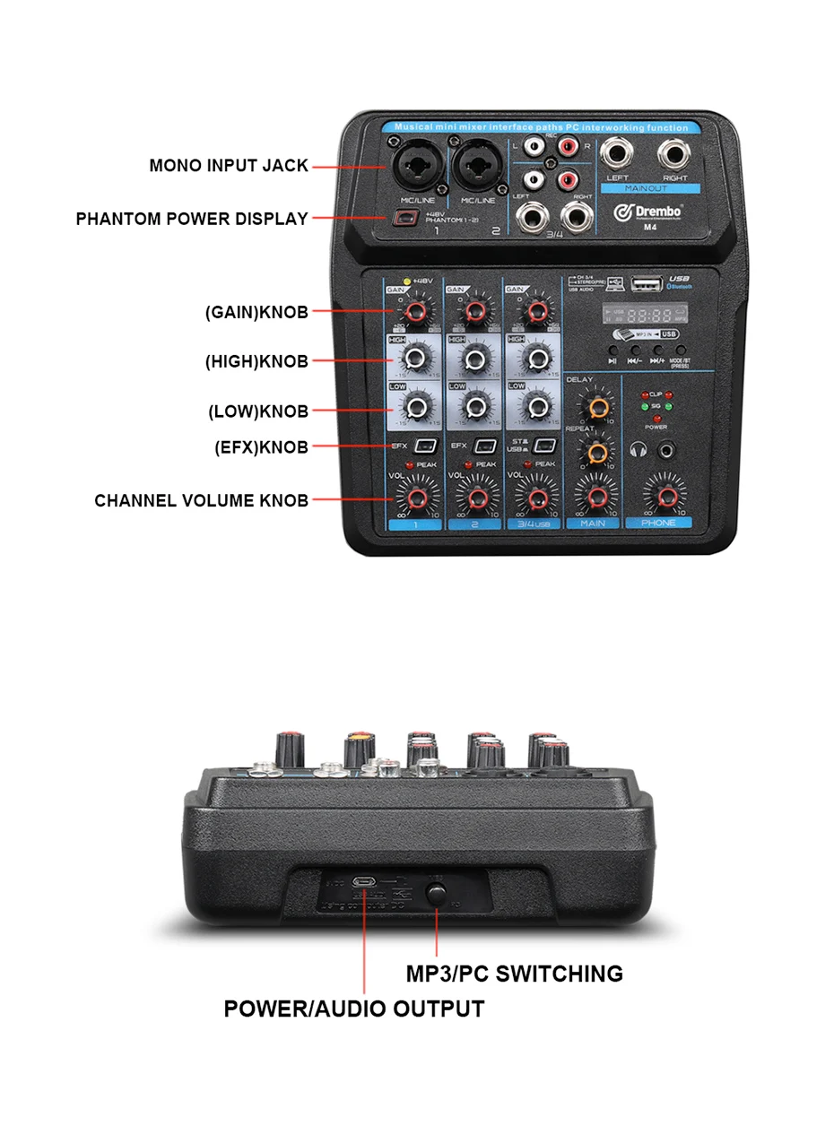 Drembo 4/6channel Protable digital audio mixer console with Sound Card,bluetooth, USB, 48V Phantom Power for DJ PC Recording