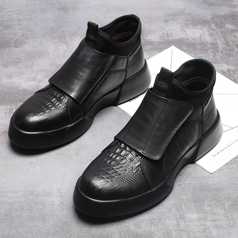 FZNYL с узором «крокодиловая кожа» Хайтопы Модные ботильоны черные дышащие Non-крюк с карабином на застежке-липучке; Повседневное туфли из натуральной кожи; мужские туфли на плоской