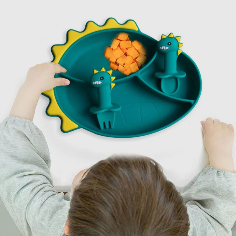 Get This Fork-Set Utensil Suction-Divided-Plate-Tray Spoon Dinosaur Training-Feeding Baby Silicone 9YaLQEm6R7z