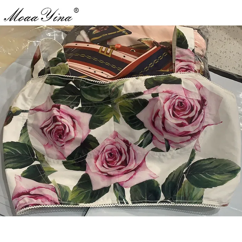 MoaaYina Fashion Designer Summer Women's Tops Floral-Print Cotton Small sling