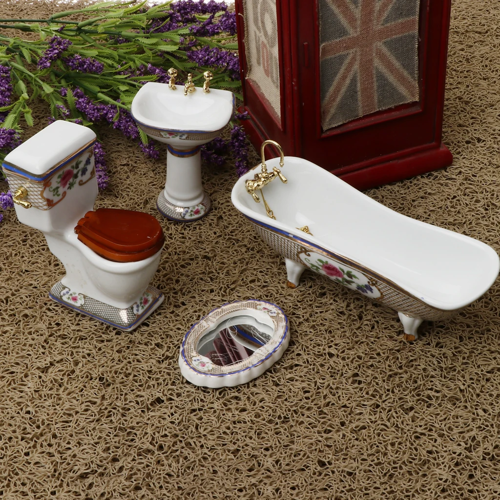 4 Pieces 1:12 Miniature Dollhouse Bathroom Supplies Set Bathtub Toilet Sink Mirror Accs #3