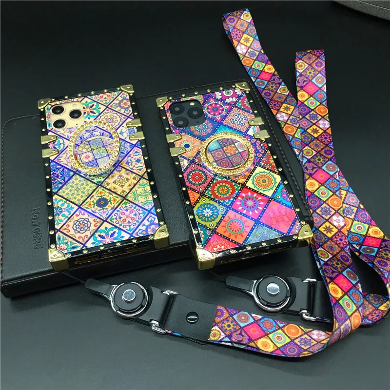 Luxury Plaid Vintage Flower Case For iPhone X XS Max XR Square Laser Cover Lanyard Case for iphone 11 PRO MAX 7 Plus 8 Plus 6 6S