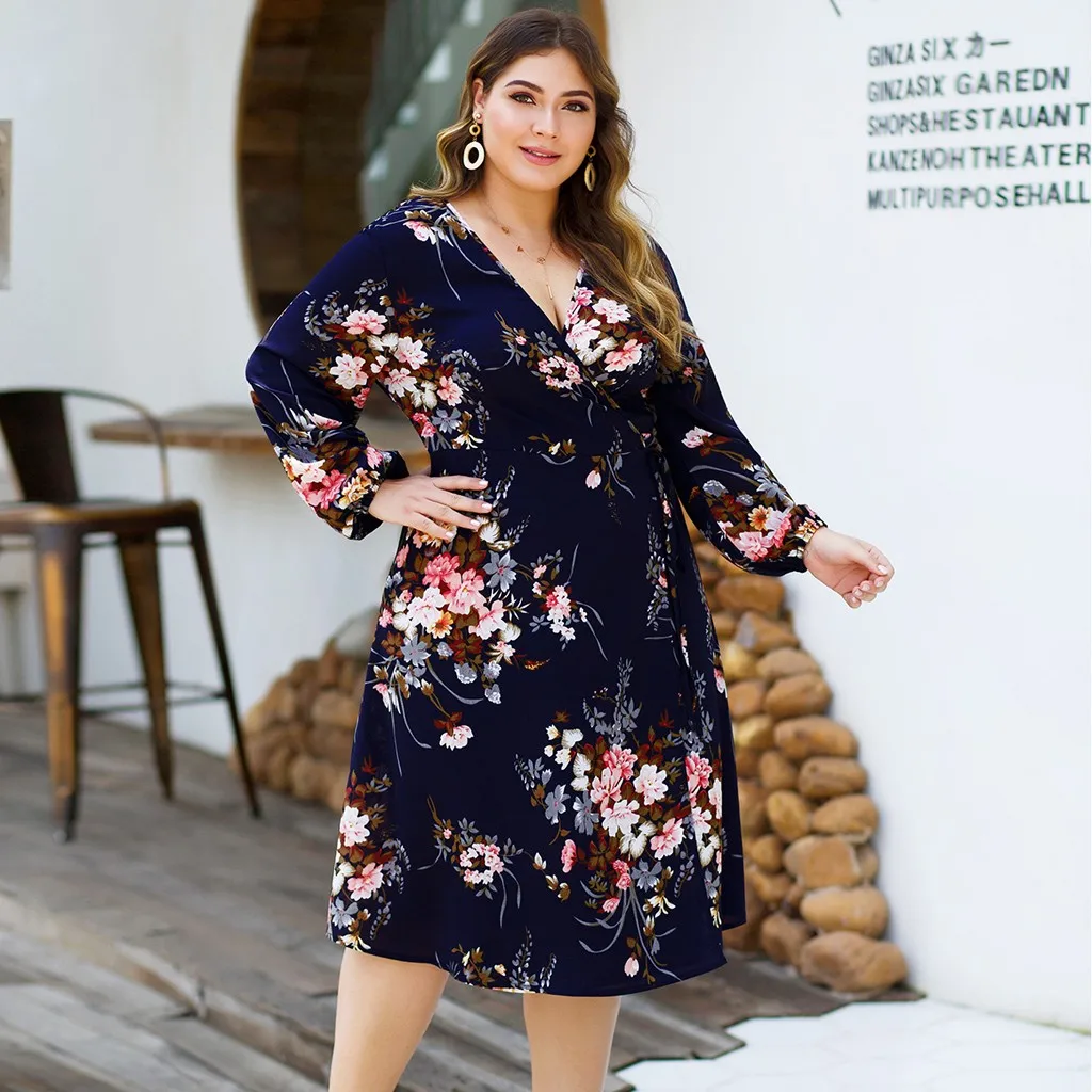 

Plus Size 4xl Floral Print Chiffon Dress Women Sexy Cross V Neck Long Sleeve Midi Dress Lady 2019 Summer Elegant Vestidos#G30