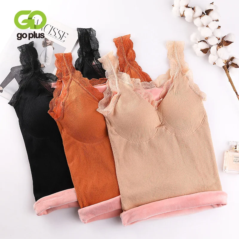 

GOPLUS 2020 Top Women Warm Vest V-neck Lace Sexy Winter Plus Size Velvet Soft Tank Tops Underwear y2k Crop Top Camisole Female