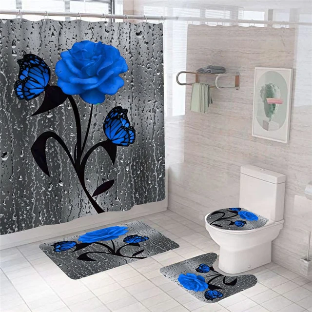 3D Rose Waterproof Shower Curtain Set Toilet Cover Mat Nonslip