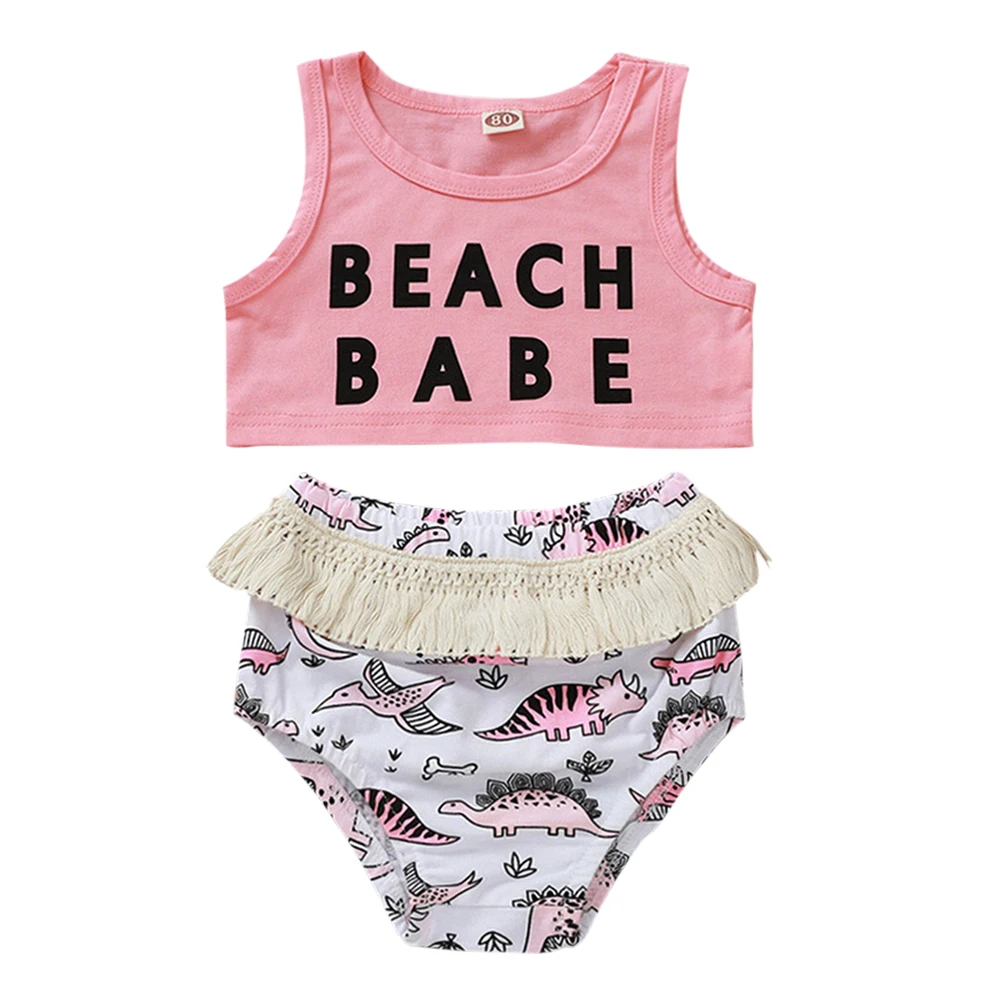 

Summer Lovely Sleeveless Vest Tassel Shorts Two-piece Set Swimsuits Swimwear Letter Printed Tank Tops for Children Baby Girls
