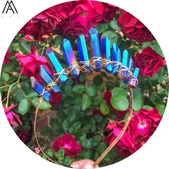 

Rose Gold Wire Wrapped Titanium Blue Quartz Crystal Point Tiara Crown Women Quartz Crystal Headband Hair Jewelry HG021AMBB