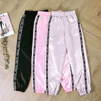 

2020 Women Summer Big Pocket Satin Highlight Pants Glossy Sport Ribbon Trousers BF Harajuku Joggers Sports Pants Gym Leggings
