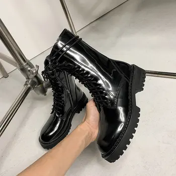 

2020 Retro patent Leather Women Ankle Boots Short Boots Party Night Club Motorcycle Boots Ladies Shoes Woman size 41 42 43