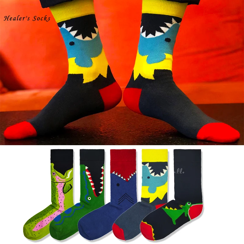 

Hot Fashion Men and Women Socks Cotton Color Crocodile Shark Harajuku Funny Happy Cool Cute Non-slip Skateboard Girl Tube Socks