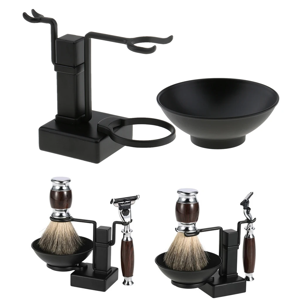 Mens Alloy Shaving Brush Bowl Stand Set Shave Mug Cup Rack Holder Kit Black