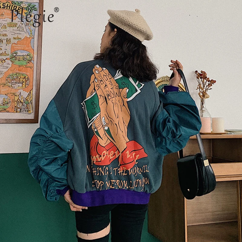 

Plegie Harajuke Oversize Bomber Jacket Women 2020 Autumn Back Printed Baseball Short Coat Oversized Loose BF Style Jackets