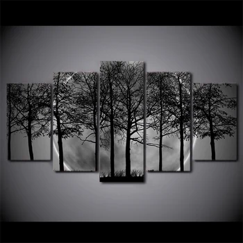 

5 Panel Black And White Painting Art Print Canvas Grey Psychedelic Forest Posters And Prints Canvas Painting